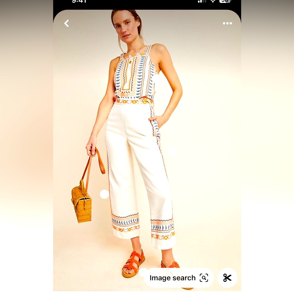 Anthropologie Embroidered Linen Cropped Pant With Side Pockets. Size 4P. $40